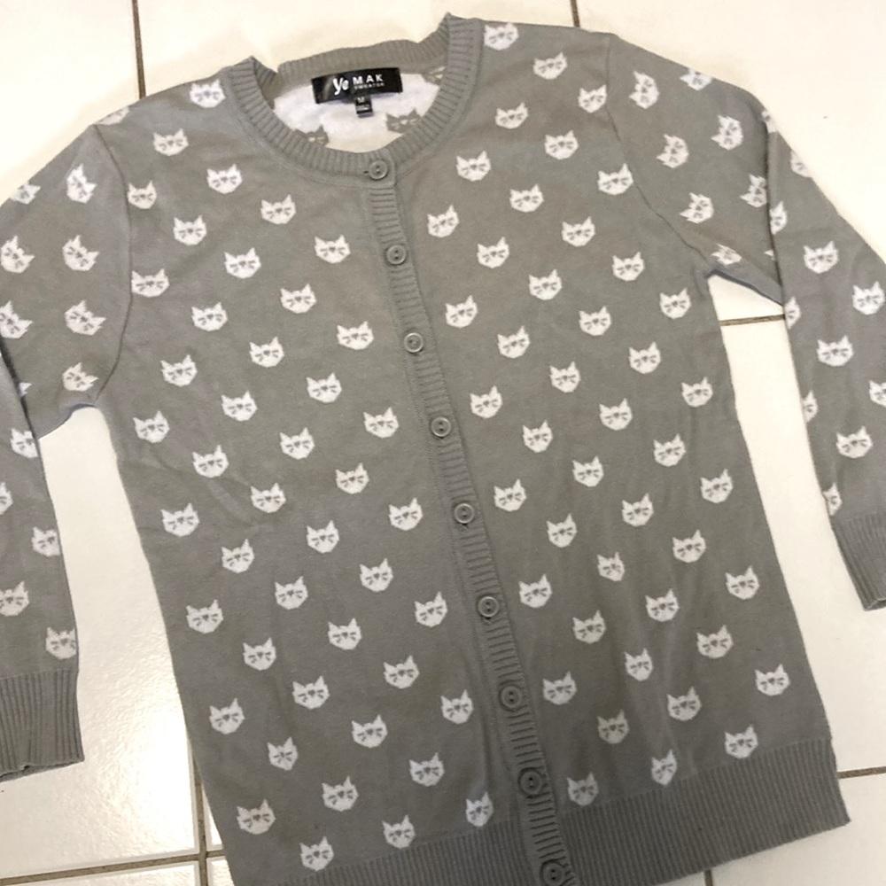Gray Cat Print Cardigan
